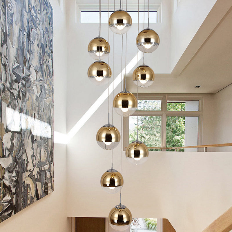 Mirrored Glass Round Shade Suspension Light Simplicity 10 Heads Multi Light Pendant