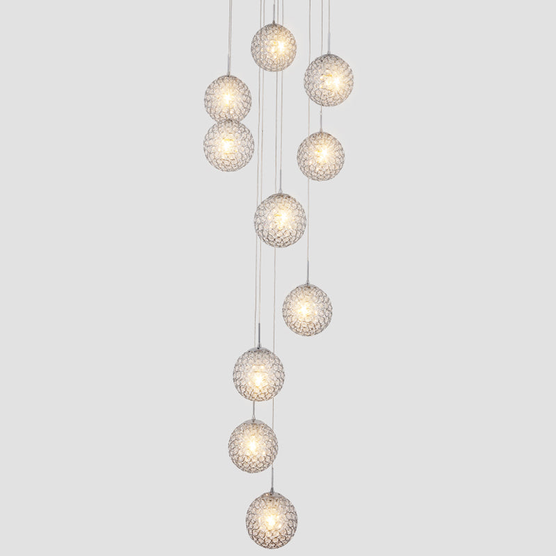 Artistic Hollowed out Ball Multi Ceiling Lamp Metallic 10 Bulbs Staircase Suspension Light Fixture in Silver