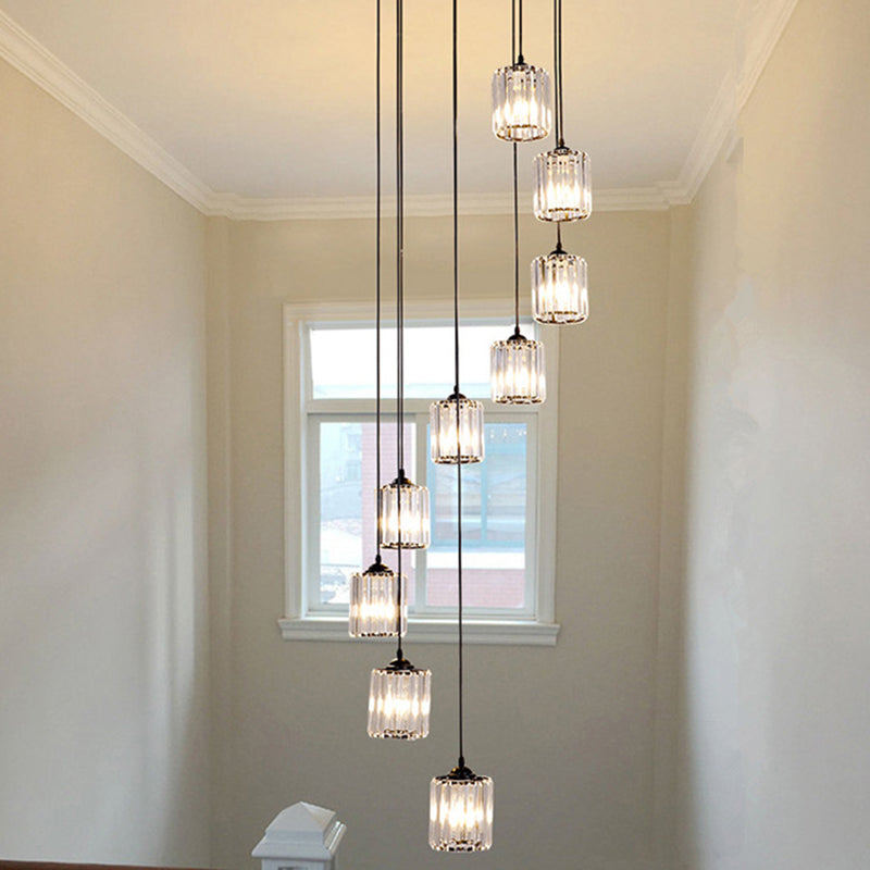 Style moderne Spirale Multi Light Pendant Crystal Staircase Éclairage suspendu en noir