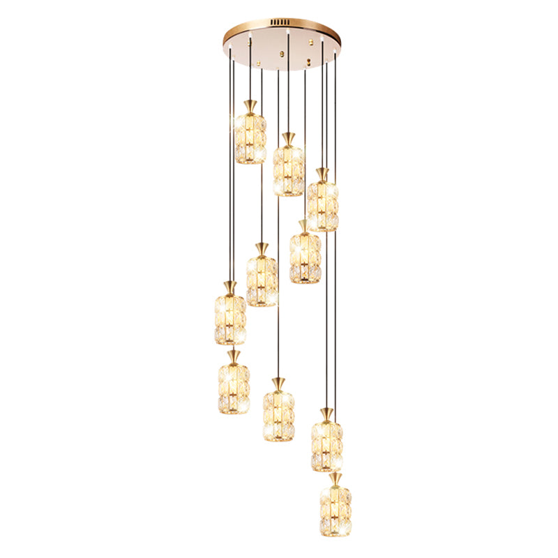 Crystal-Encrusted Cylindrical Multi Ceiling Lamp Modern 10 Bulbs Suspension Light Fixture for Staircase