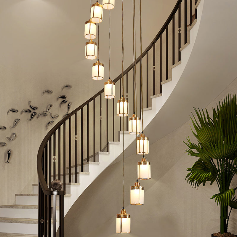 Artistic Cylindrical Multi Ceiling Light Frost Glass Staircase Suspension Lighting in Brass