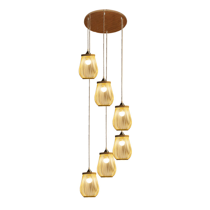 Bamboo Pear Shaped Multi Light Pendant Modern Wood Hanging Lighting for Staircase