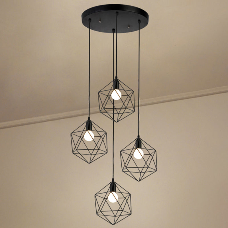 Geometric Cage Staircase Multi Ceiling Lighting Metallic Suspension Light Fixture