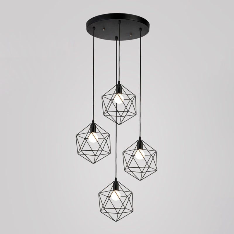 Geometric Cage Staircase Multi Ceiling Lighting Metallic Suspension Light Fixture
