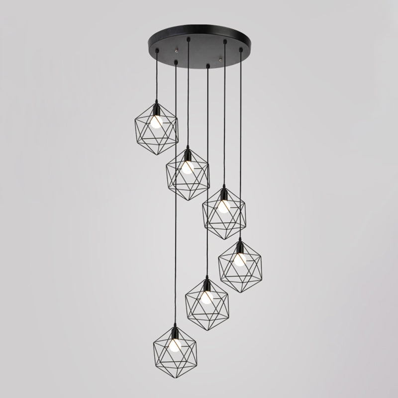 Geometric Cage Staircase Multi Ceiling Lighting Metallic Suspension Light Fixture