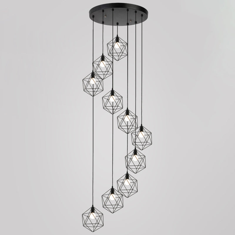 Geometric Cage Staircase Multi Ceiling Lighting Metallic Suspension Light Fixture