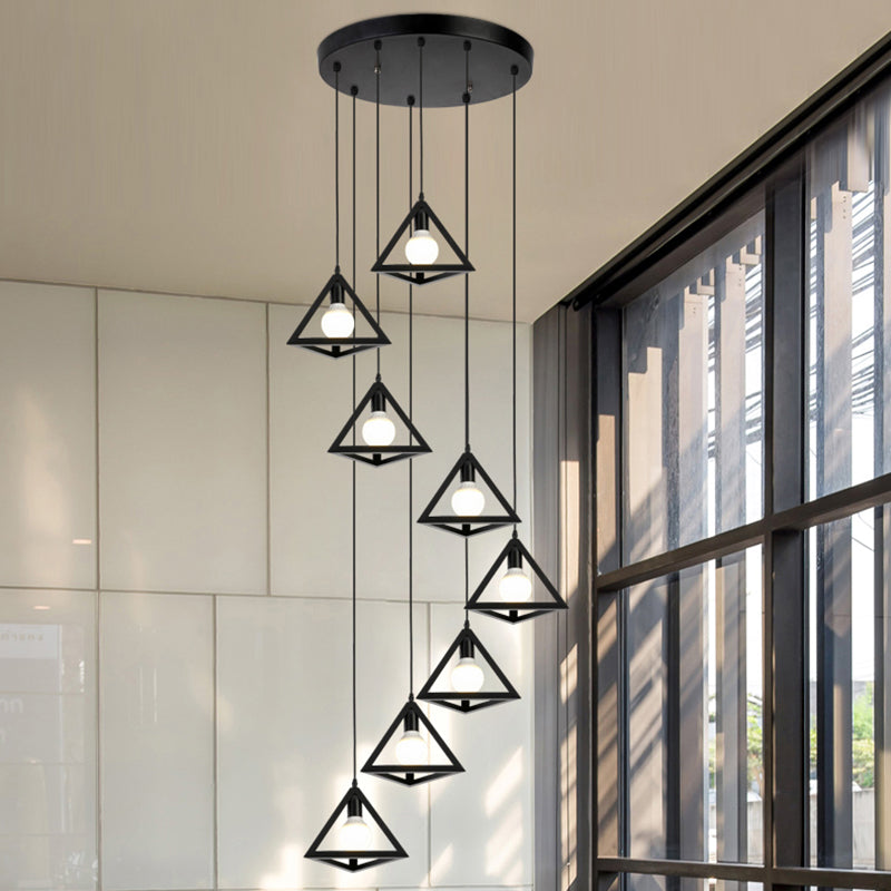 Geometric Cage Staircase Multi Ceiling Lighting Metallic Suspension Light Fixture