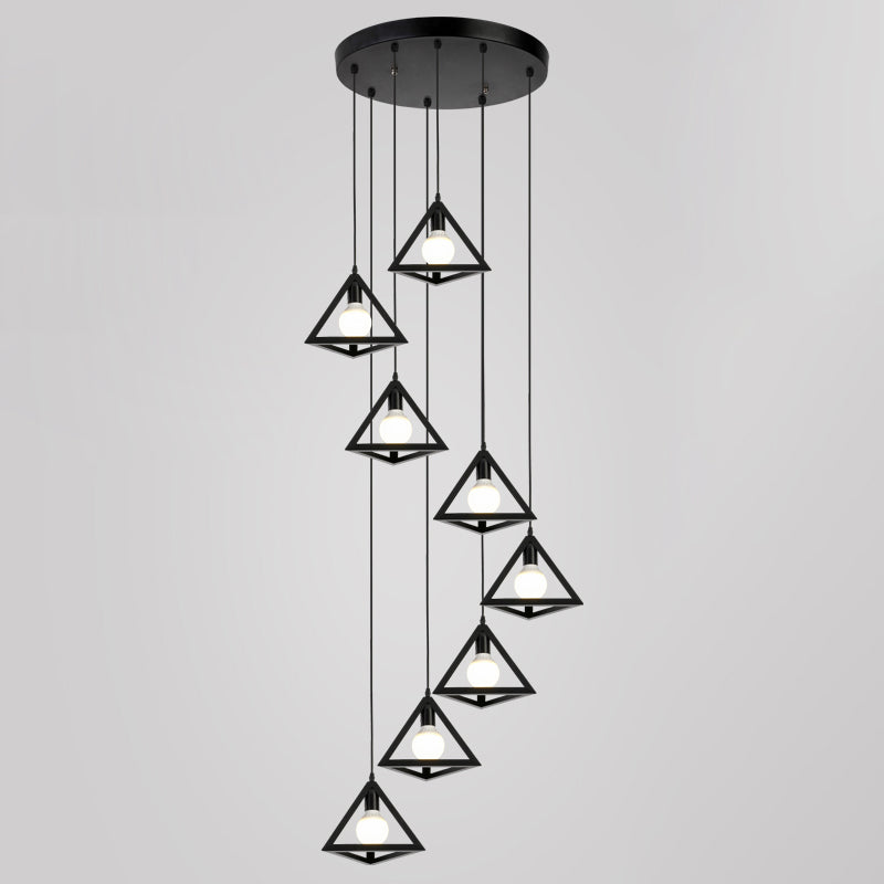 Geometric Cage Staircase Multi Ceiling Lighting Metallic Suspension Light Fixture