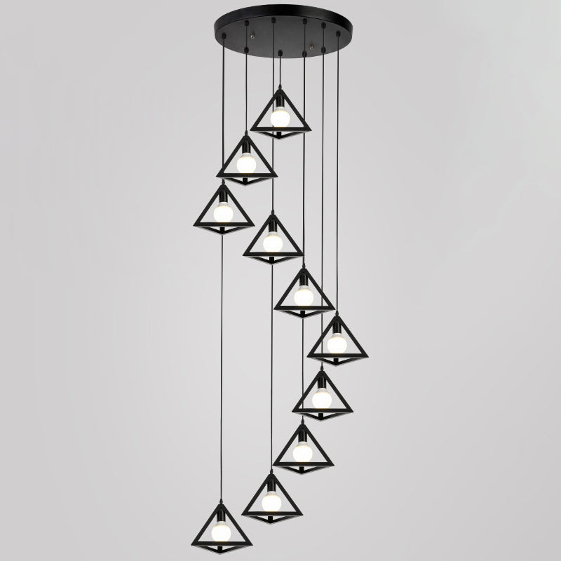 Geometric Cage Staircase Multi Ceiling Lighting Metallic Suspension Light Fixture