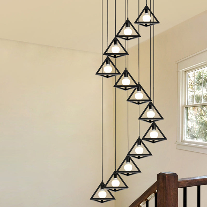 Geometric Cage Staircase Multi Ceiling Lighting Metallic Suspension Light Fixture