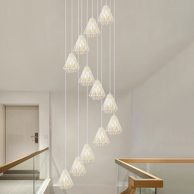 Geometric Cage Staircase Multi Ceiling Lighting Metallic Suspension Light Fixture