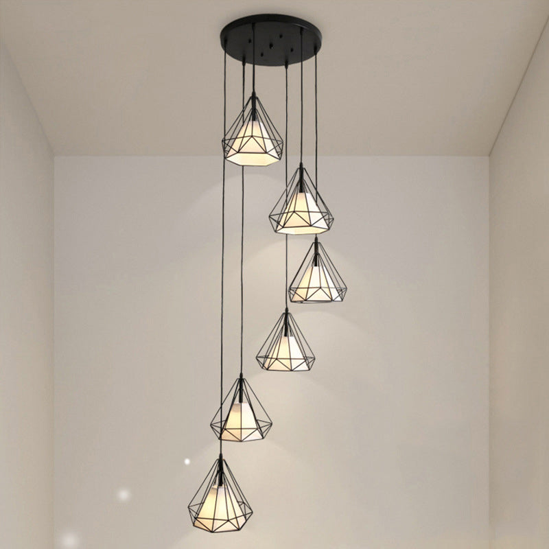 Simplicity Diamond Cage Hanging Light Metallic Staircase Multi Light Pendant with Inner Cone Shade in Black