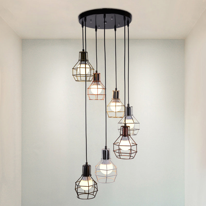 Metalen granaat kooi suspensie licht minimalistische zwarte multi -light hanger voor trap