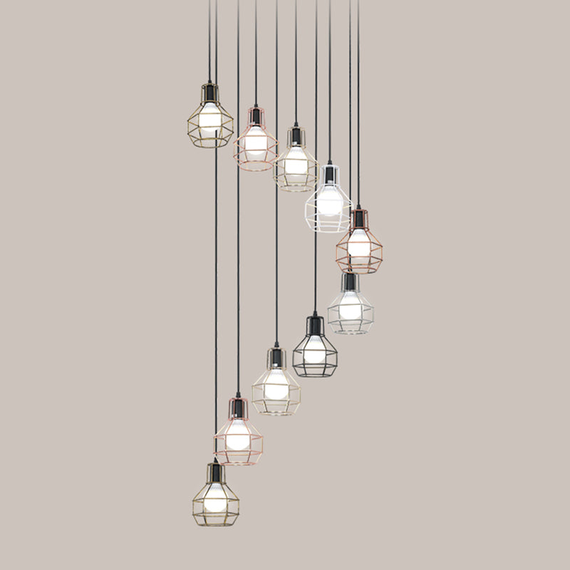 Metalen granaat kooi suspensie licht minimalistische zwarte multi -light hanger voor trap