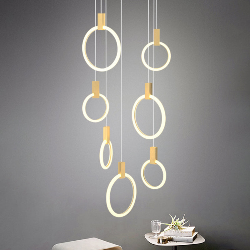 Ring Shaped Acrylic LED Multi Light Pendant Modern Style Gold Hanging Lighting for Staircase