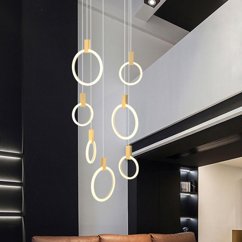 Ring Shaped Acrylic LED Multi Light Pendant Modern Style Gold Hanging Lighting for Staircase