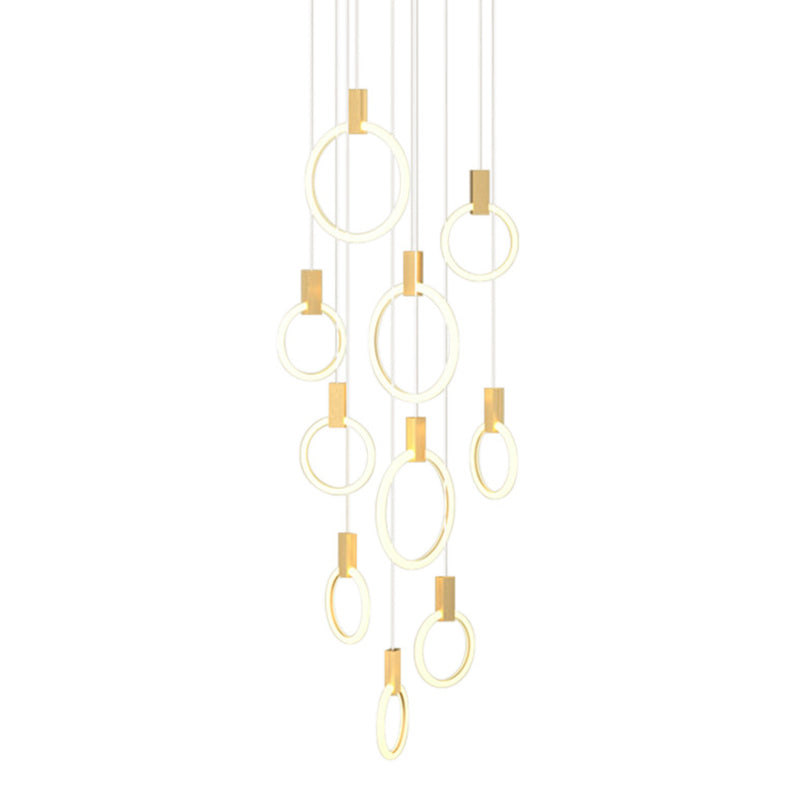 Ring Shaped Acrylic LED Multi Light Pendant Modern Style Gold Hanging Lighting for Staircase