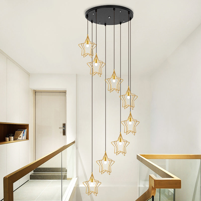 Gold Spiral Star Multi Ceiling Lamp Simplicity 8 Bulbs Metallic Suspension Light Fixture for Entryway