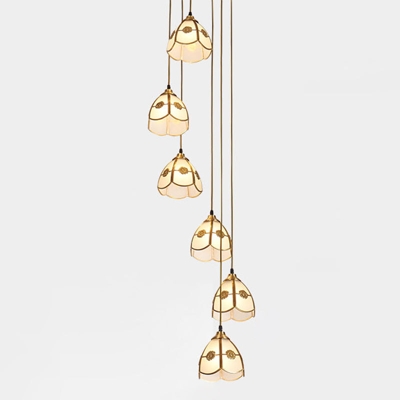 Geschulpte bel multi plafondlicht artistiek vorstglas 6 koppen koperen ophanging verlichting