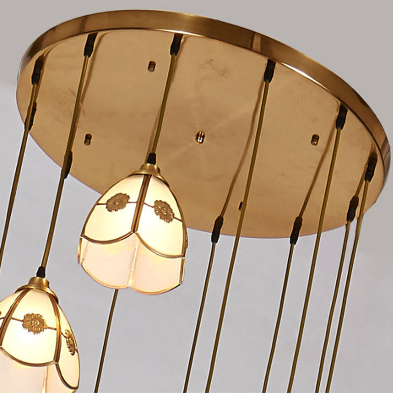 Geschulpte bel multi plafondlicht artistiek vorstglas 6 koppen koperen ophanging verlichting