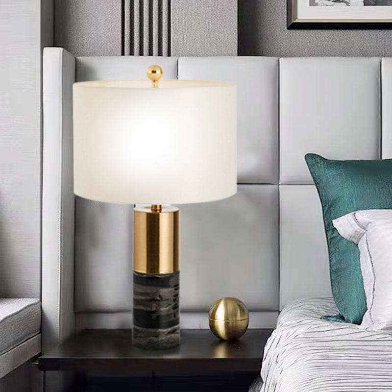 Cylindrical Table Light Nordic Style Marble 1 Bulb Black Nightstand Lighting with Fabric Shade