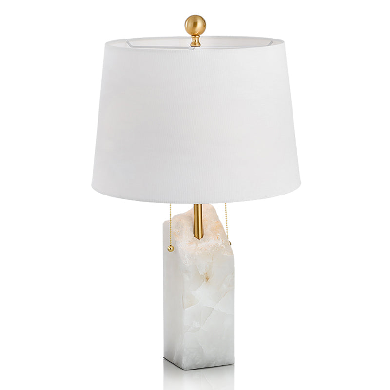 Fabric Tapered Drum Nightstand Lamp Minimalistic Single-Bulb White Pull Chain Table Lighting with Mica Base