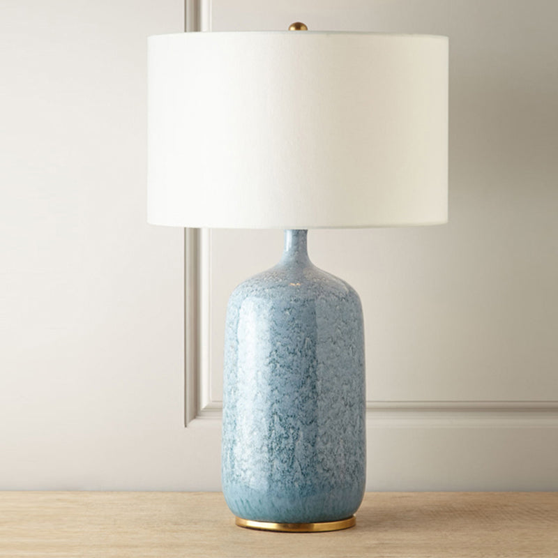 Blue Drum Table Light Minimalistic 1��Bulb Fabric Nightstand Lighting with Ceramic Base