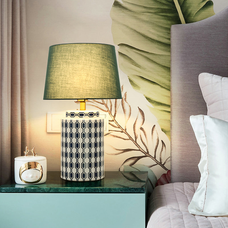 Cylindrical Bedside Nightstand Lamp Patterned Ceramic Single Simplistic Table Light with Empire Shade in Green