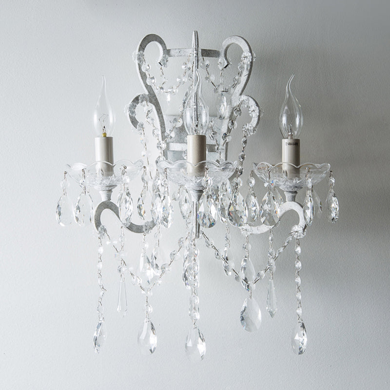 3 Heads Wall Light Antique Candlestick Metallic Wall Lighting Fixture with Crystal Accent in White