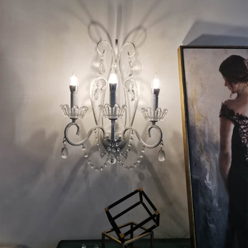 Crown Living Room Wall Mount Light Traditional Crystal White Wall Light Fixture with Swirled Arm
