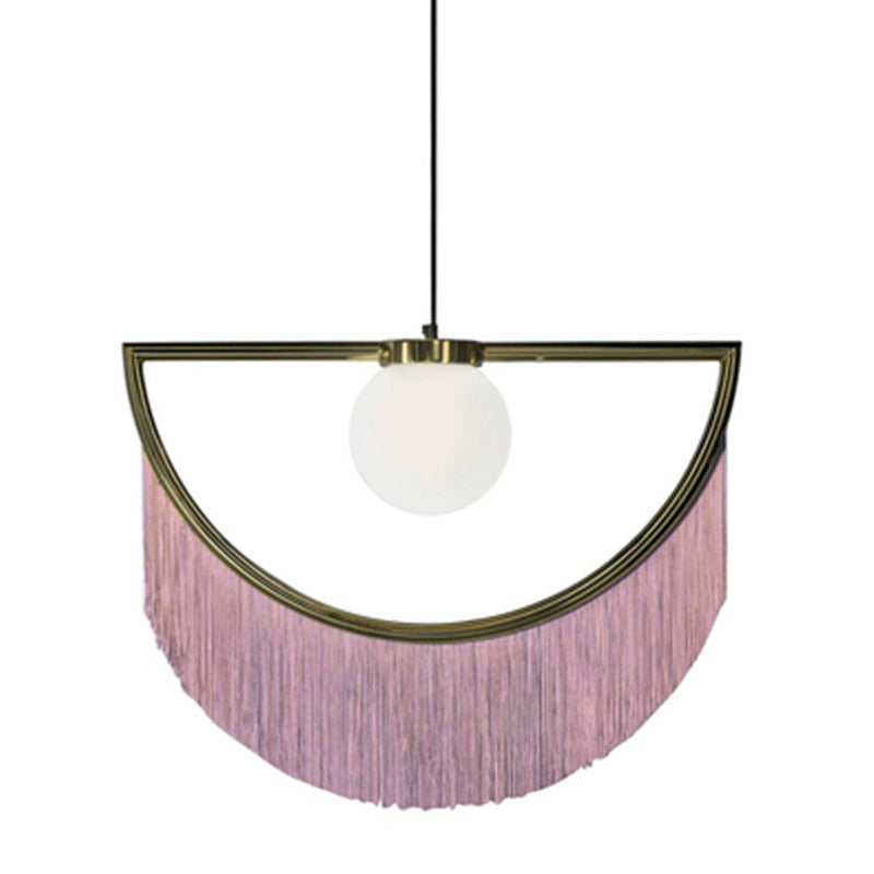 Acrylic Round Ceiling Light Nordic Style Single-Bulb Living Room Pendant Light with Fringe Decor in Pink