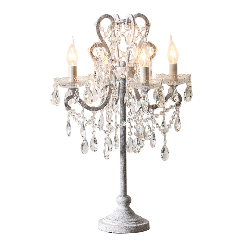 Antique Candle Nightstand Lamp 4 Heads Metallic Table Lighting with Crystal Bead Decor
