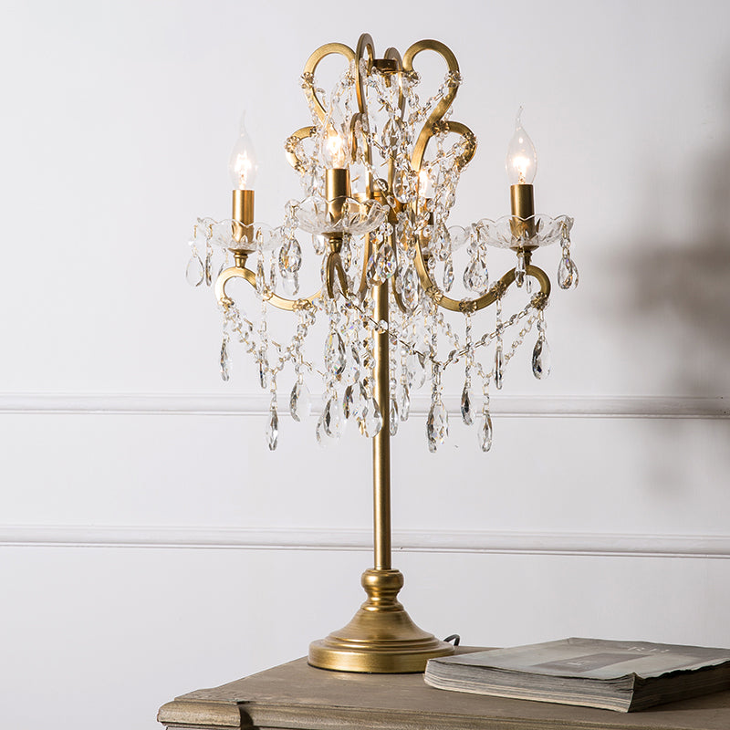 Antique Candle Nightstand Lamp 4 Heads Metallic Table Lighting with Crystal Bead Decor
