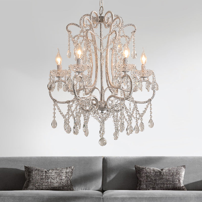 Antique Candlestick Ceiling Lighting Metallic Chandelier Light Fixture with Crystal Bead Decor in White