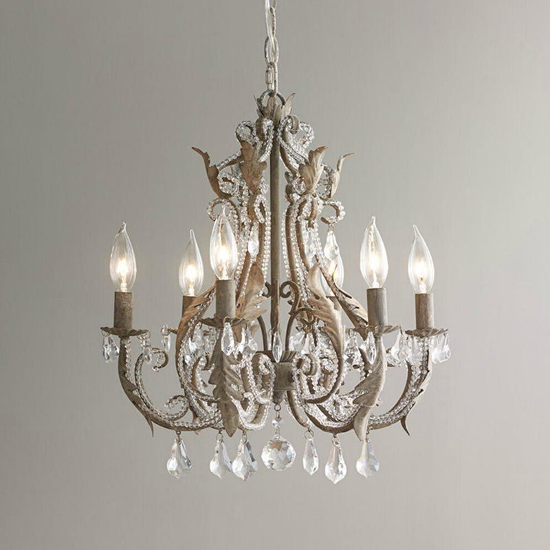 Metallic Candelabra Chandelier Light Retro 6 Heads Living Room Pendant Light with Crystal Beaded Arm