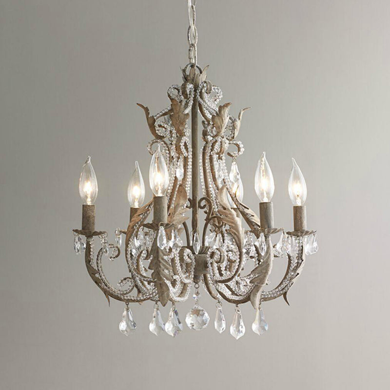 6 Bulbs Suspension Light Retro Style Candlestick Metallic Chandelier Light with Crystal Beaded Arm