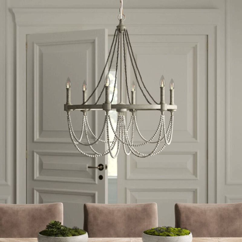 Metallic Candle Chandelier Light Retro Dining Room Pendant Light with Hanging Crystal Bead in Grey