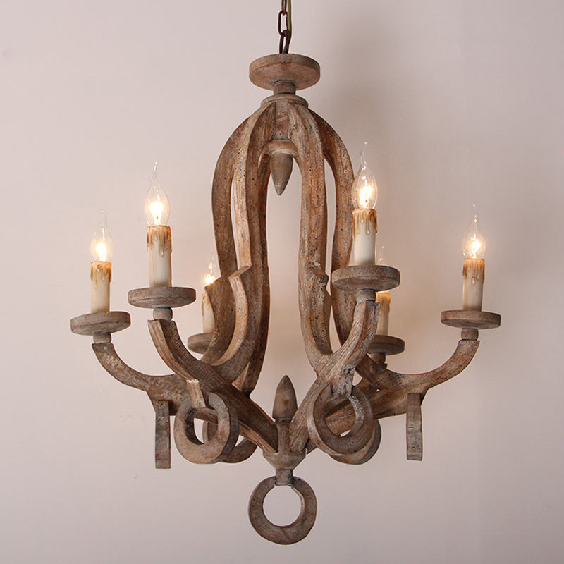 Wooden Candlestick Chandelier Pendant Light Vintage 6 Bulbs Living Room Hanging Light