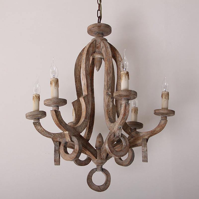 Wooden Candlestick Chandelier Pendant Light Vintage 6 Bulbs Living Room Hanging Light