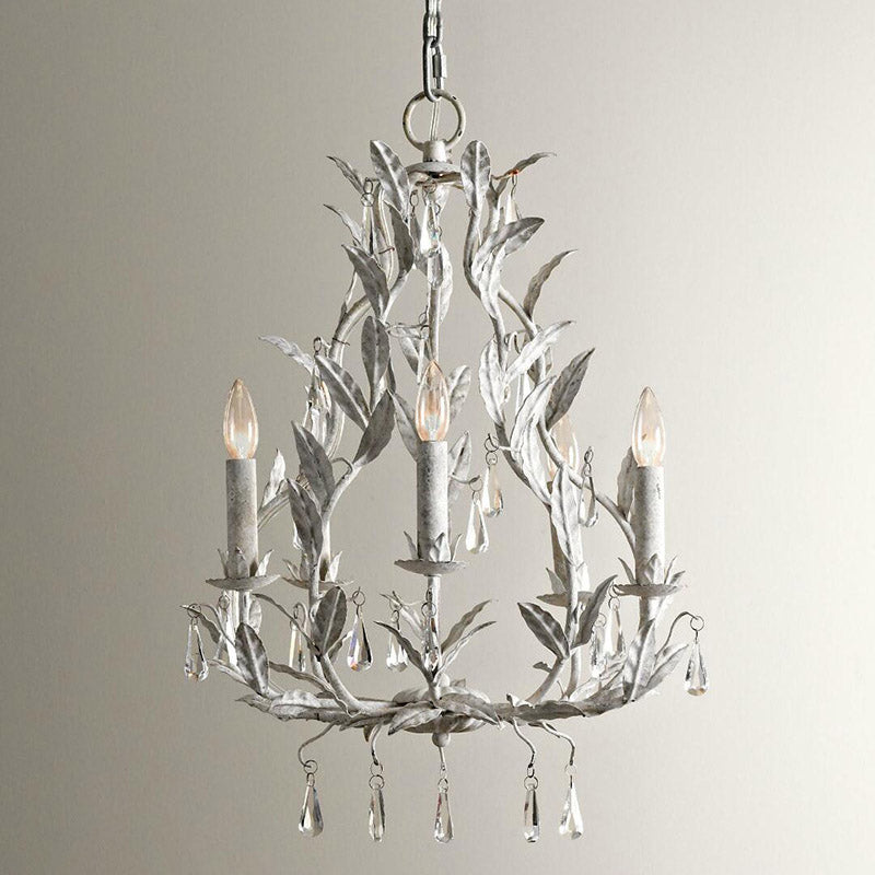 Retro Style Candle-Like Suspension Light 5 Heads Metallic Chandelier Light with Hanging Crystal
