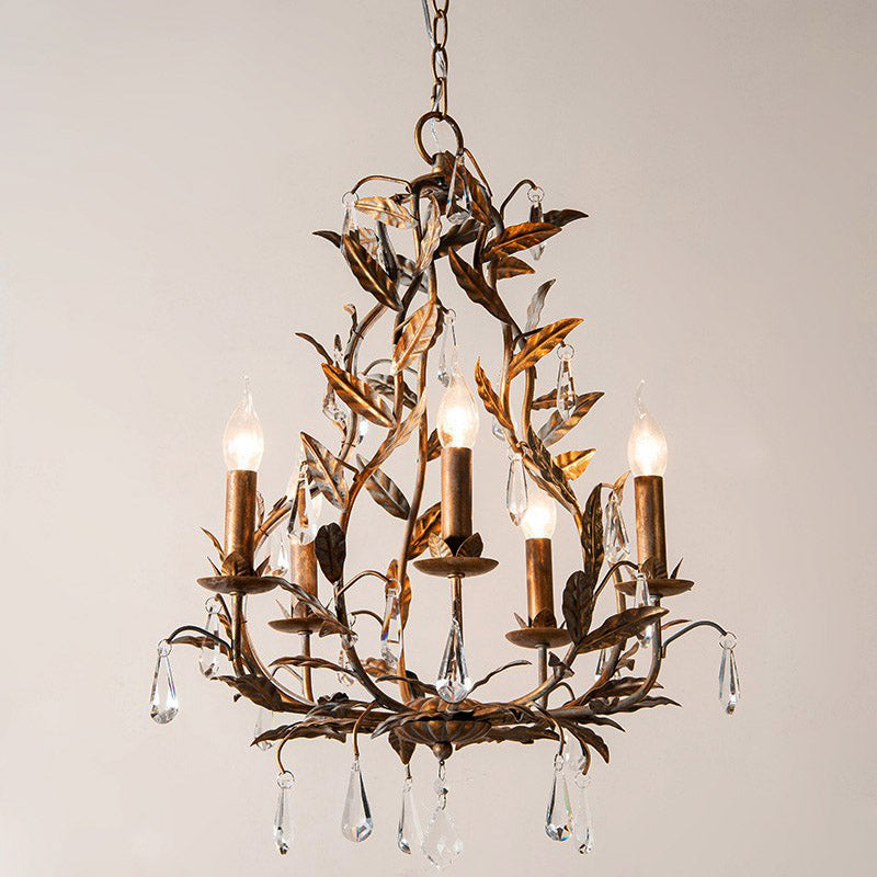 Retro Style Candle-Like Suspension Light 5 Heads Metallic Chandelier Light with Hanging Crystal