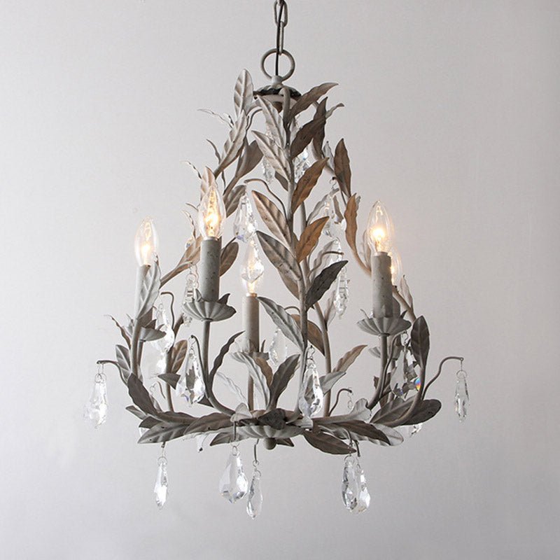 Retro Style Candle-Like Suspension Light 5 Heads Metallic Chandelier Light with Hanging Crystal