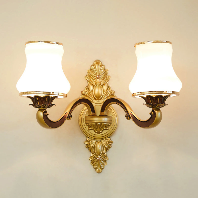 Floral Cream Glass Wall Light Fixture Vintage Living Room Wall Mounted Lamp in Gold