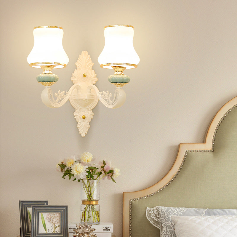 Gold Shaded Wall Lighting Simplicity Opal Glass Corridor Wall Light Fixture with Curved Arm