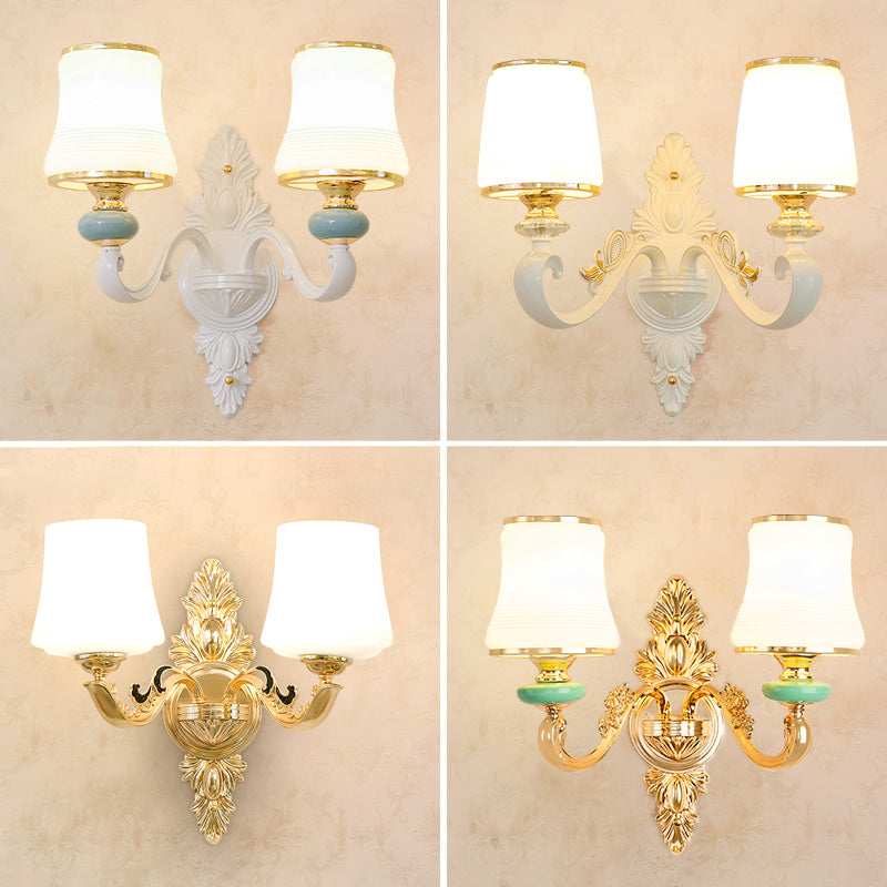Gold Shaded Wall Lighting Simplicity Opal Glass Corridor Wall Light Fixture with Curved Arm