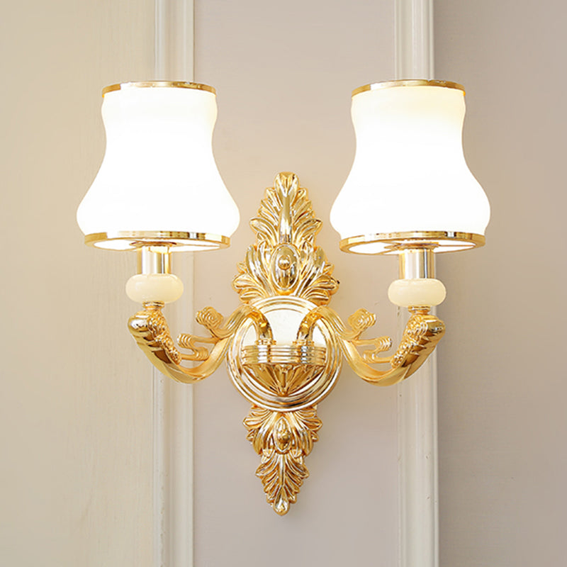 Gold Shaded Wall Lighting Simplicity Opal Glass Corridor Wall Light Fixture with Curved Arm
