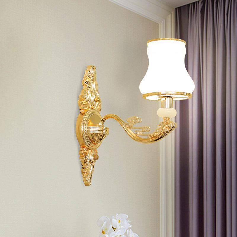 Gold Shaded Wall Lighting Simplicity Opal Glass Corridor Wall Light Fixture with Curved Arm