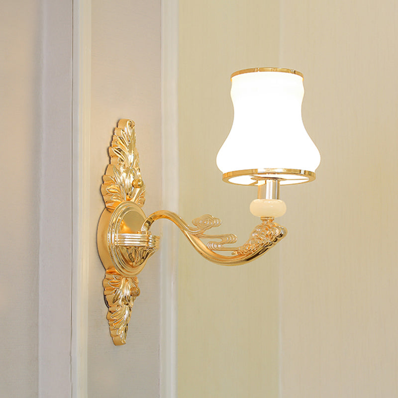 Gold Shaded Wall Lighting Simplicity Opal Glass Corridor Wall Light Fixture with Curved Arm