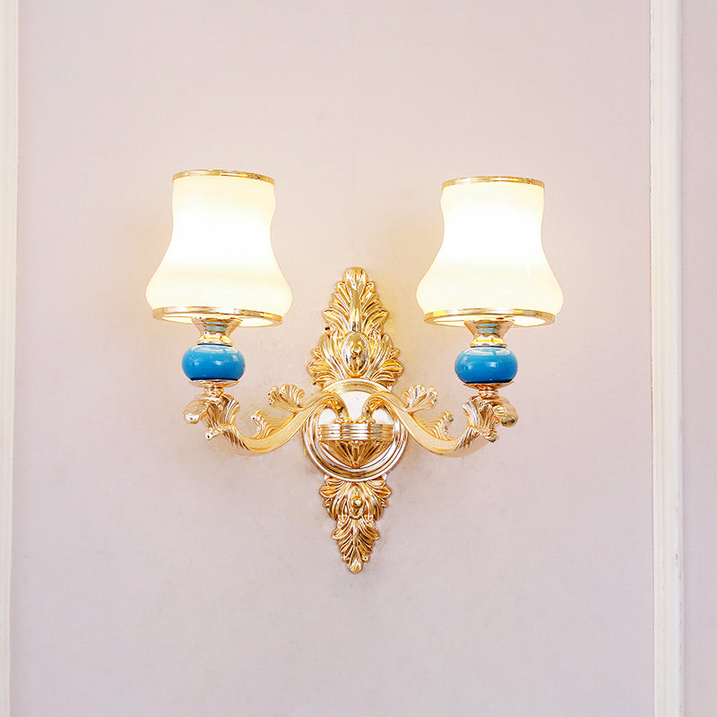 Gold Shaded Wall Lighting Simplicity Opal Glass Corridor Wall Light Fixture with Curved Arm