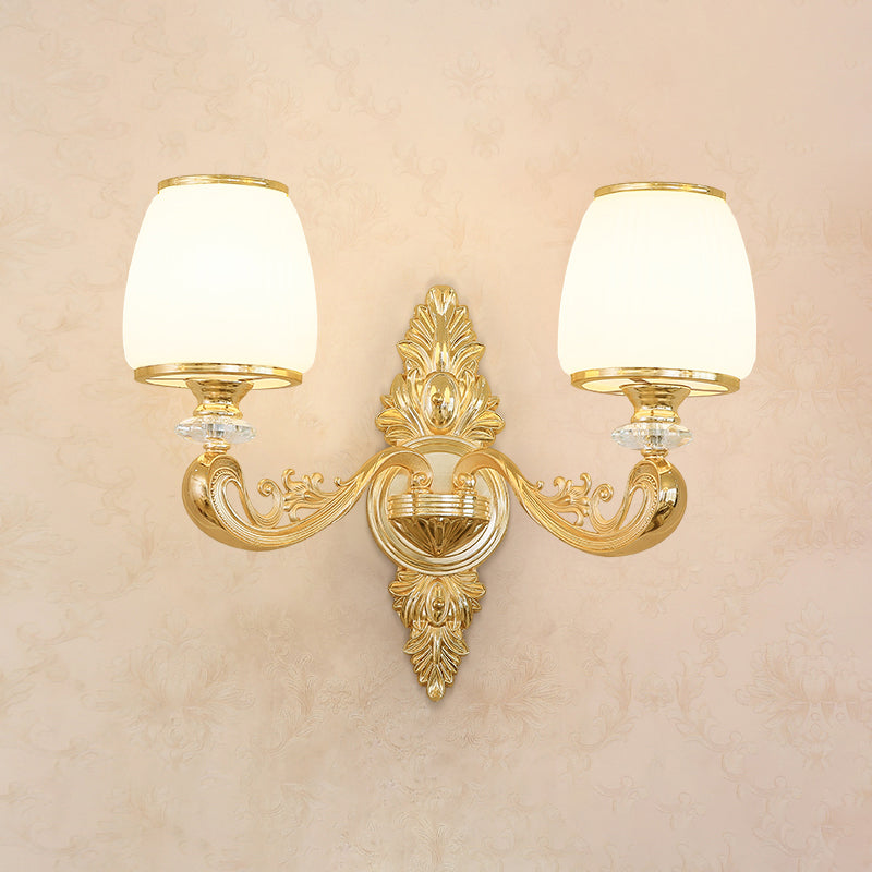Gold Shaded Wall Lighting Simplicity Opal Glass Corridor Wall Light Fixture with Curved Arm
